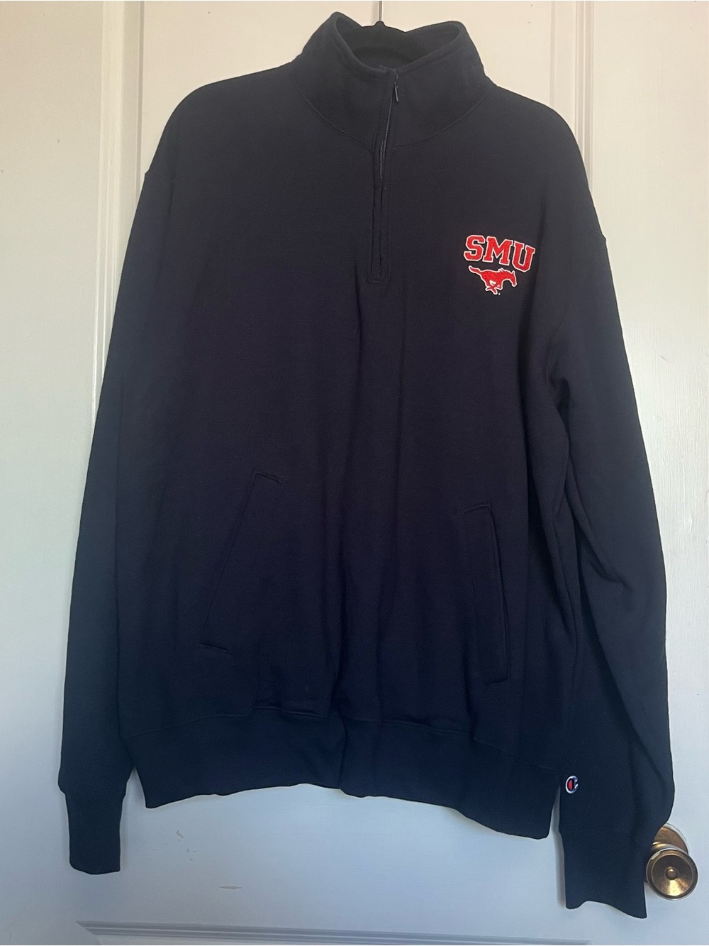 Champion Navy Quarter-Zip Pullover with Red SMU Logo